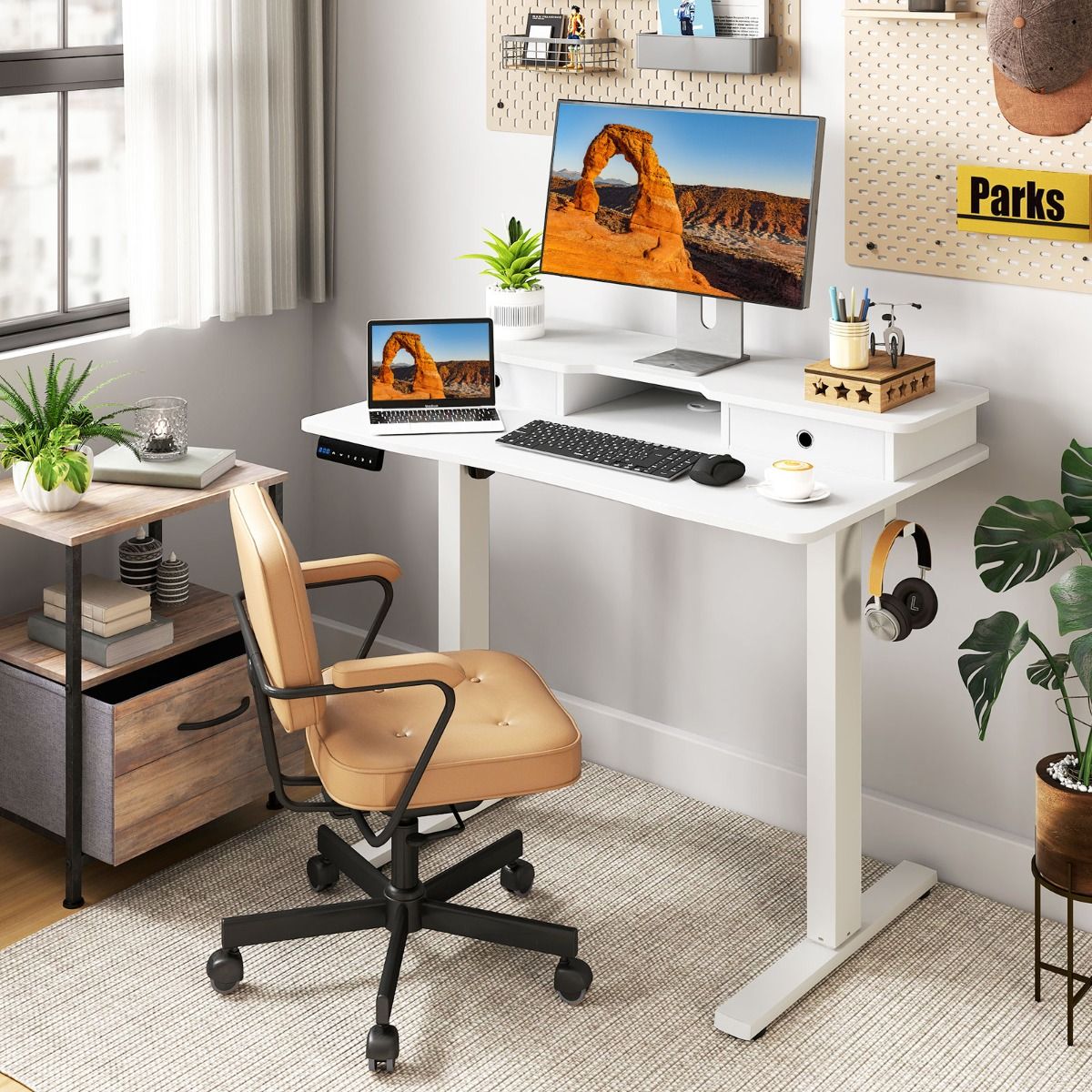 Coast Elektrischer Sitz-Steh-Schreibtisch – Höhenverstellbar – Mit Monitorhalterung und Schubladen – Weiß 100 x 60 cm