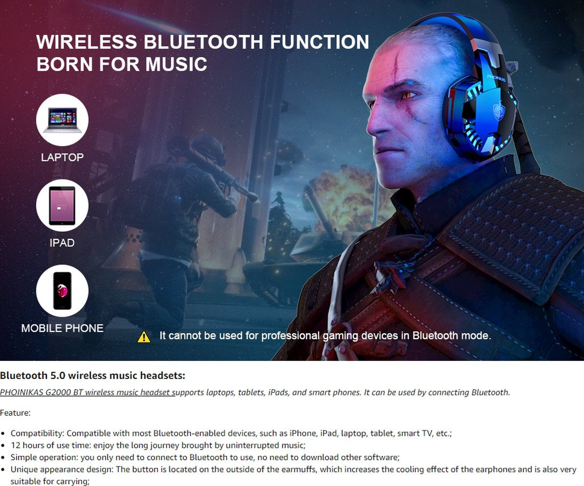 PHOINIKAS - Bluetooth Laptop Gaming Headset mit Mikrofon - G2000 BT - Over-Ear Kopfhörer -Schwarz