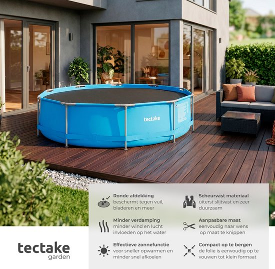 tectake® Schwimmbad-Abdeckplane – Rund, Ø 381 cm – Noppenfolie – Schwimmbadabdeckung – Sonnenfolie – Wärmefolie – Schwimmbadheizung – Selbstschwimmend – Auf Maß zuschneidbar – Schwarz