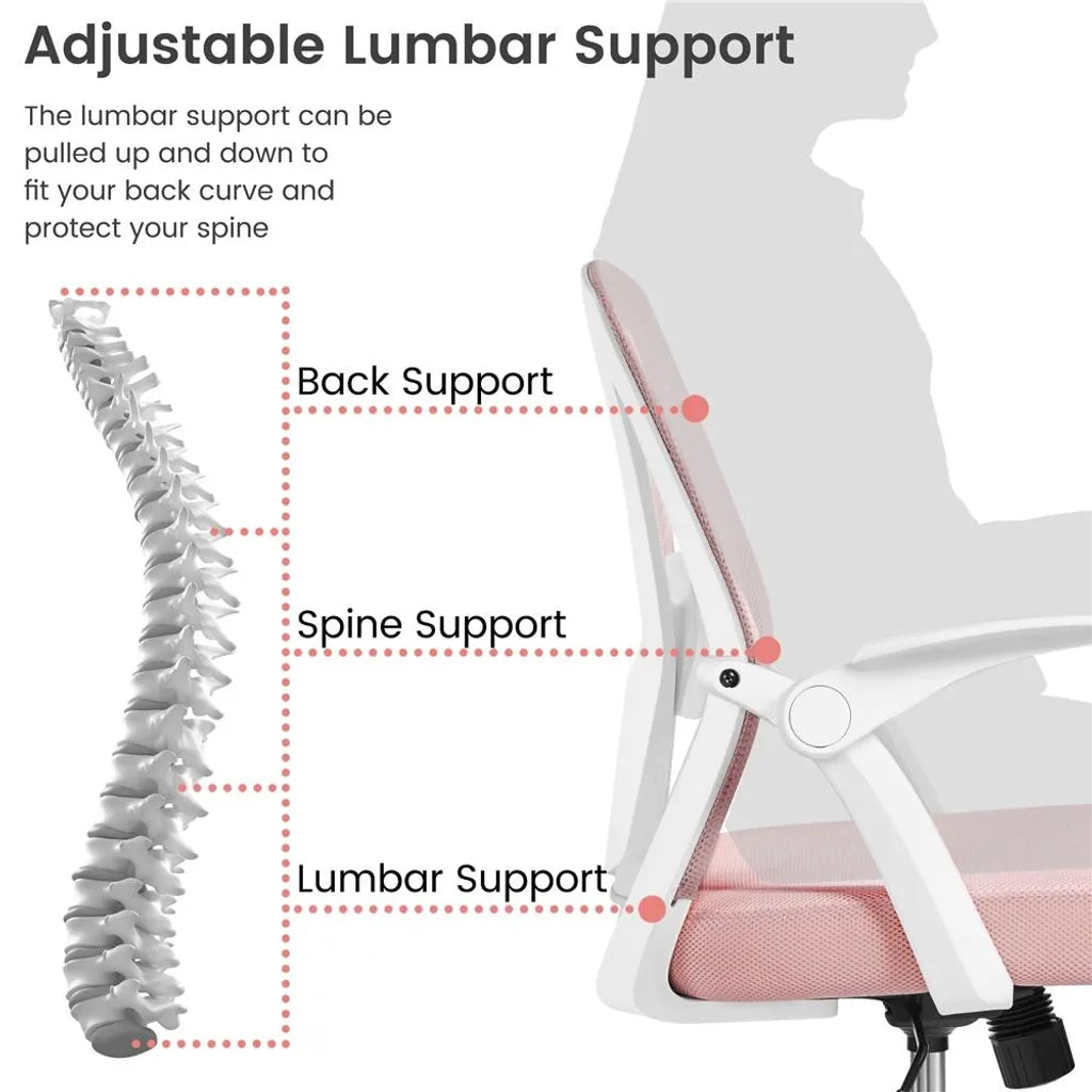 Yaheetech Ergonomischer Bürostuhl, verstellbar, 59 x 57,5 x 90–100 cm – Rosa – Netz-Bürostuhl mit klappbaren Armlehnen und Lendenwirbelstütze