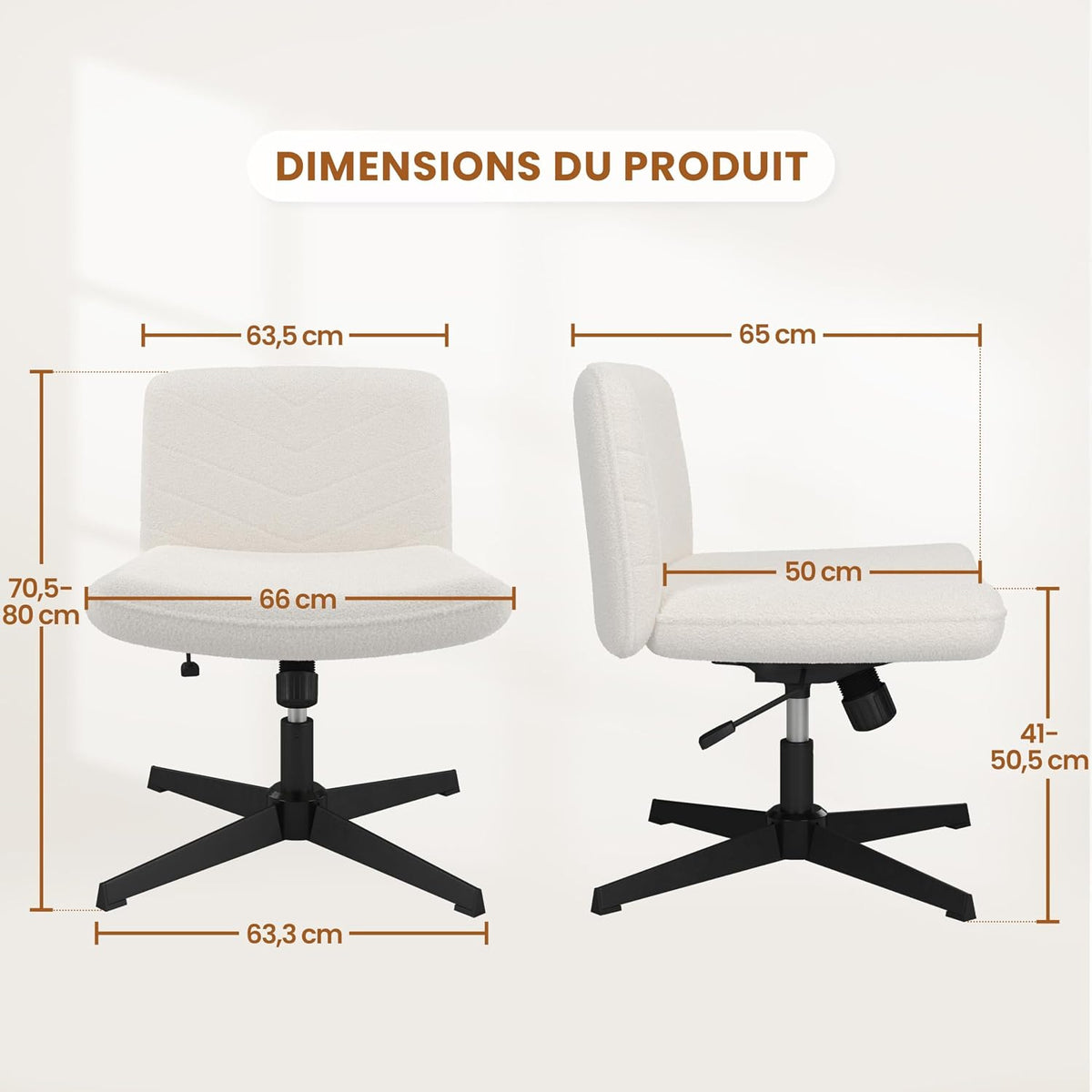 Yaheetech Ergonomischer Bürostuhl – Elfenbein – Bouclé – Verstellbare Sitzhöhe – Um 360° drehbar – Kreuzfuß