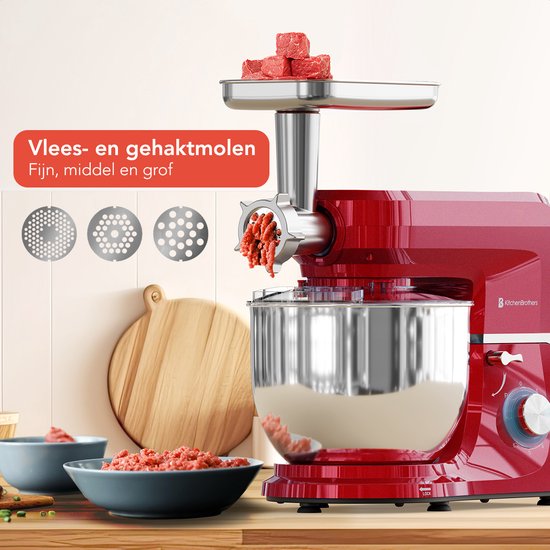 KitchenBrothers Küchenmaschine - 6-in-1 Küchenroboter - 1500W - mit Fleischwolf, Mixer und 15 Zubehörteilen - 6,2L Schüssel aus Edelstahl - Rot