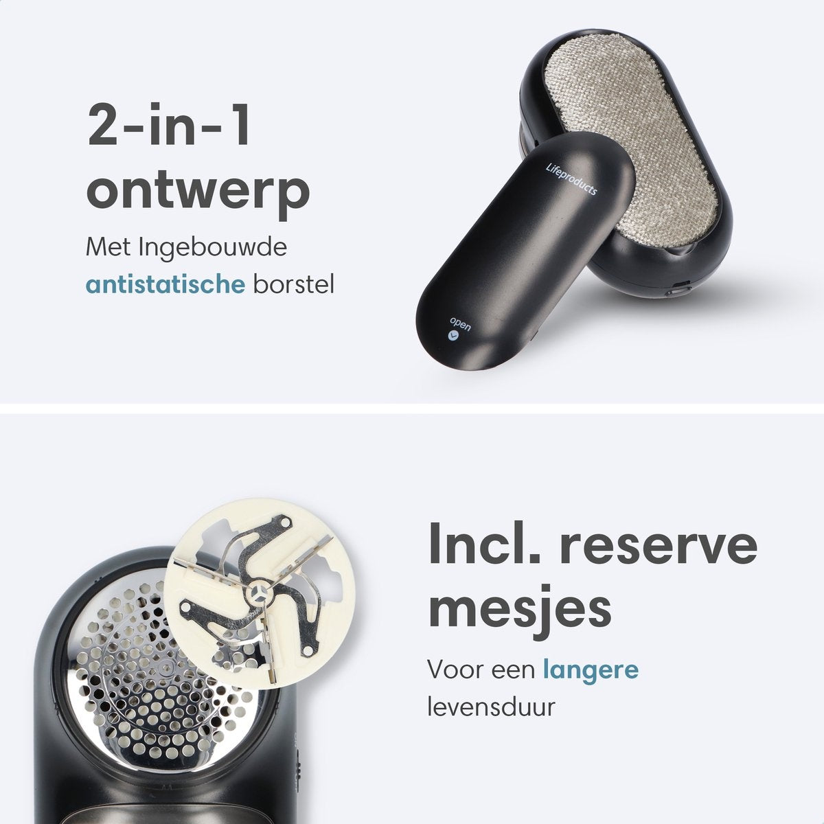 Lifeproducts Fusselentferner mit Fusselbürste - Elektrisch und wiederaufladbar - Entblätterer - Fusseldieb mit 3 Extraklingen und Aufbewahrungstasche