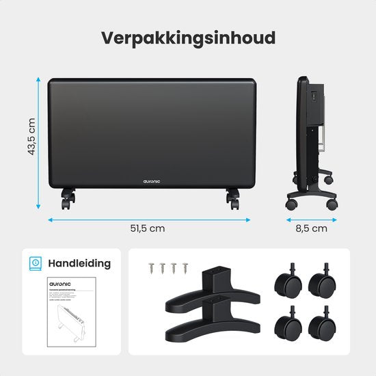 Auronic Konvektorheizung - 2000W - Elektroheizung - 3 Stufen - Metallheizkörper - Freistehend - Räder - Schwarz