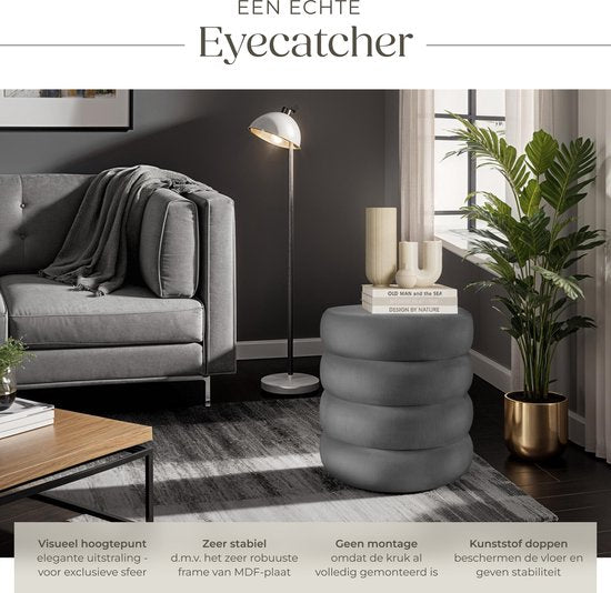 tectake® Hocker mit Ablage - Scandi Hocker Samtstoff - Runder gepolsterter Hocker für Frisiertisch, Schlafzimmer, Wohnzimmer oder als Flurmöbel - Ablagehocker - grau