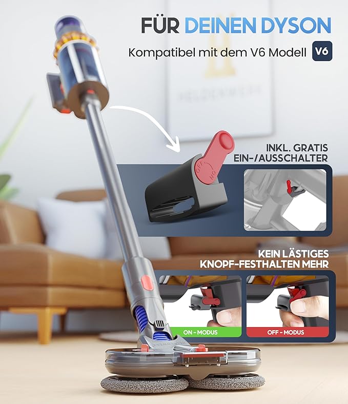 HELDENWERK Moppaufsatz für Dyson V6 Staubsauger, Dyson Zubehör, Moppaufsatz, elektrischer Bodenwischer mit Wassertank, Nachfüllbehälter und 8 waschbaren Mopps