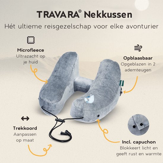 TRAVARA Aufblasbares Nackenkissen – The Airsnoozer – Reisekissen – Für Flugzeug und Auto – Mit Ohrstöpseln – Nackenkissen – Grau
