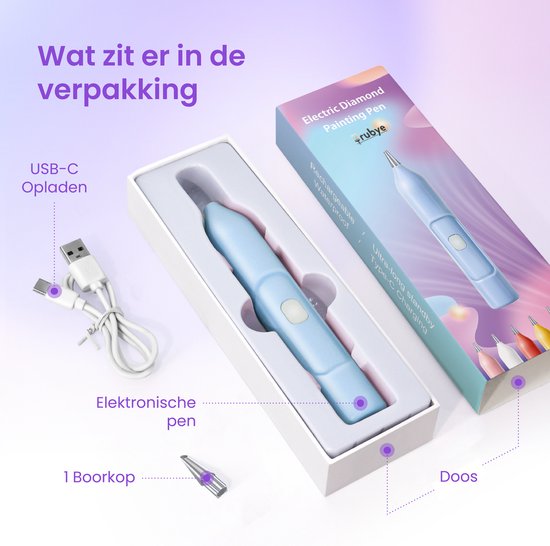 Rubye® Elektrischer Diamantmalstift - Mit Vakuumtechnik - Wiederaufladbar über USB-C - Komfortabel in der Anwendung - Für runde und eckige Steine - Blau