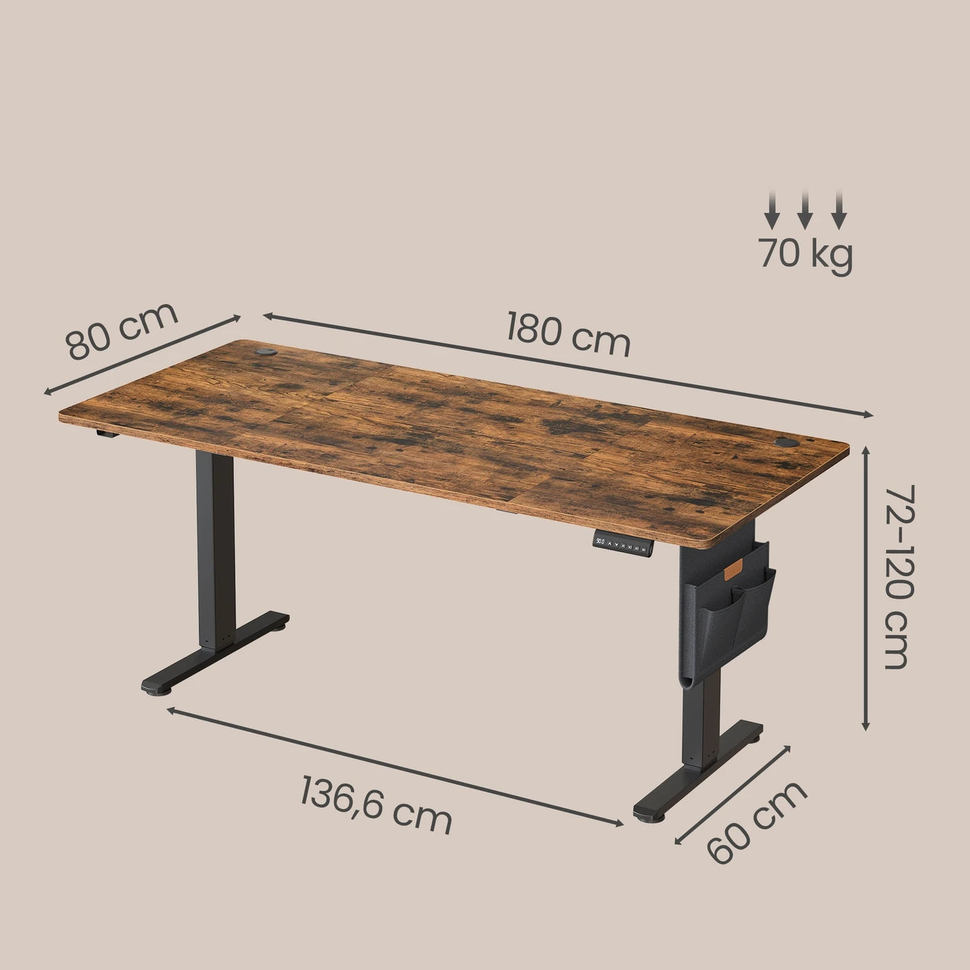 JOYFURNOS Elektrisch höhenverstellbarer Schreibtisch 180 x 80 cm – 72–120 cm – Vintage-Braun & Schwarz – Speicherfunktion – 70 kg