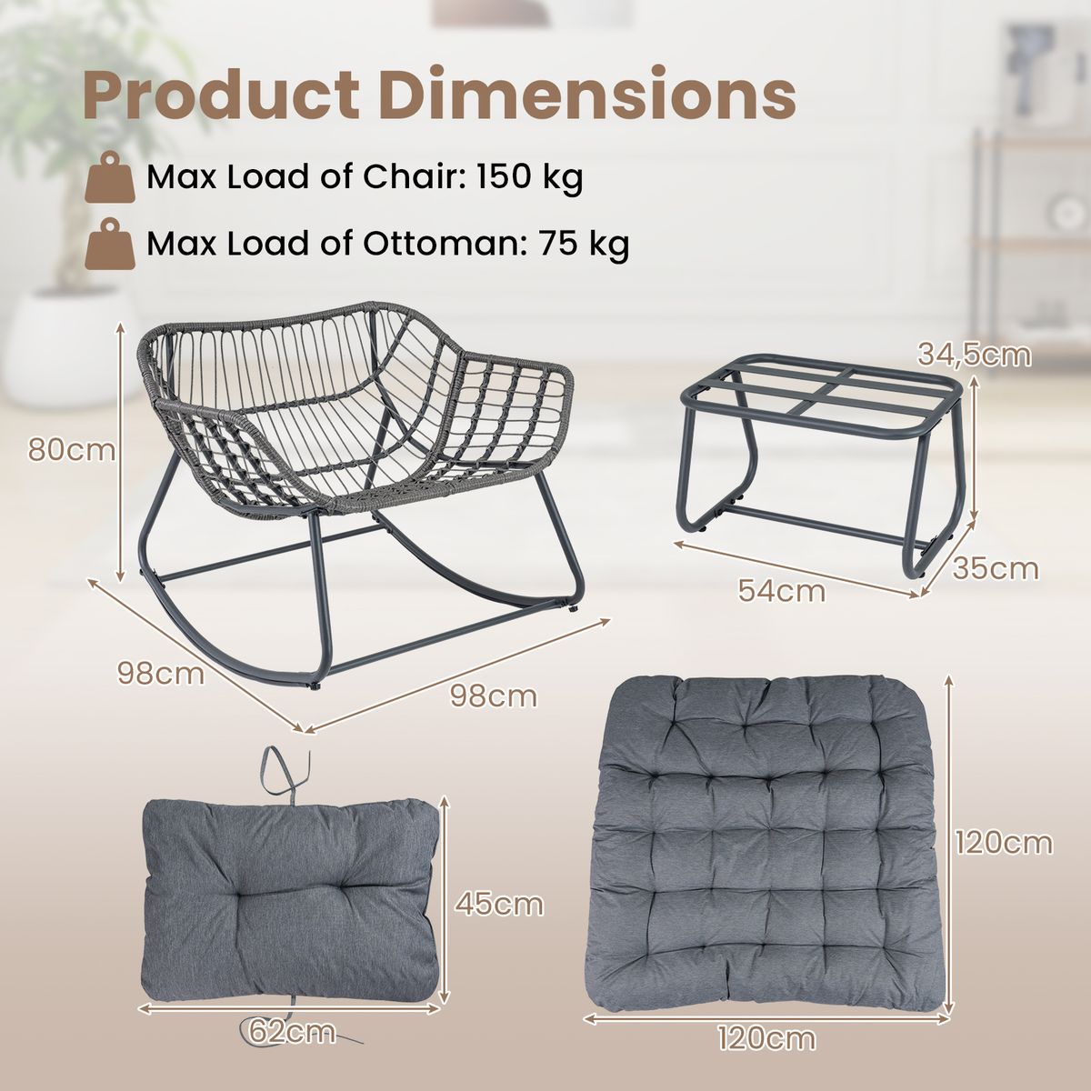 Coast Schaukelstuhl mit Fußhocker – ergonomisches Design – PE-Rattan und Metallgestell – schwarz/grau/beige
