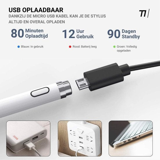 Tikkens Stylus Pen 2 in 1 Active Pencil - Für Tablet, Ipad, Android und Apple Phones - Weiß