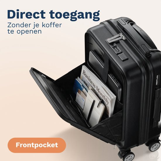 TRVLMORE Handgepäckkoffer 44 l mit Frontfach – TSA-Schloss – USB-Anschluss – Schwarz