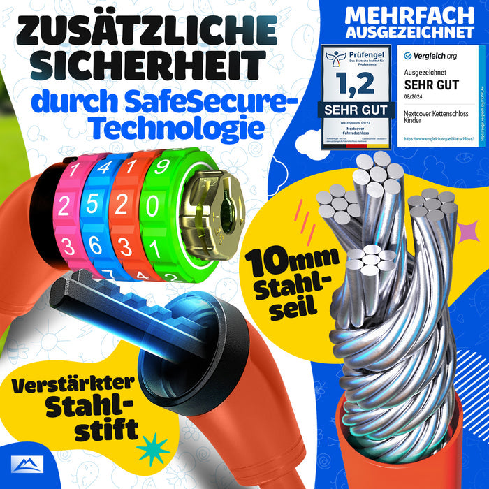 NEXTCOVER® Kinderfahrradschloss mit 4-stelligem Zahlencode I Kinderfahrradschloss - Ideal für Roller, Fahrräder & mehr I Kombinationsschloss Fahrrad mit bunten Zahlen - Rollerschloss Extra robust & sicher