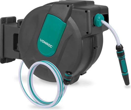 VONROC Wand-Schlauchbox - Inkl. 35m Gartenschlauch, Verbindungsschlauch, Tülle, Kupplungen & Wasserhahnanschluss - Automatisches Aufrollsystem