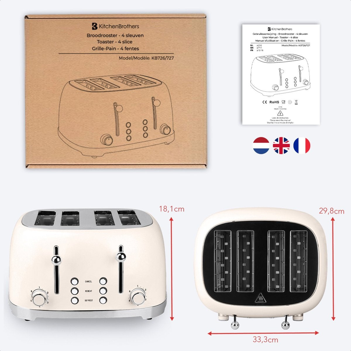 KitchenBrothers Retro Toaster - Toaster - 6 Heizstufen - 4 extra breite Schlitze - 1630W - Beige