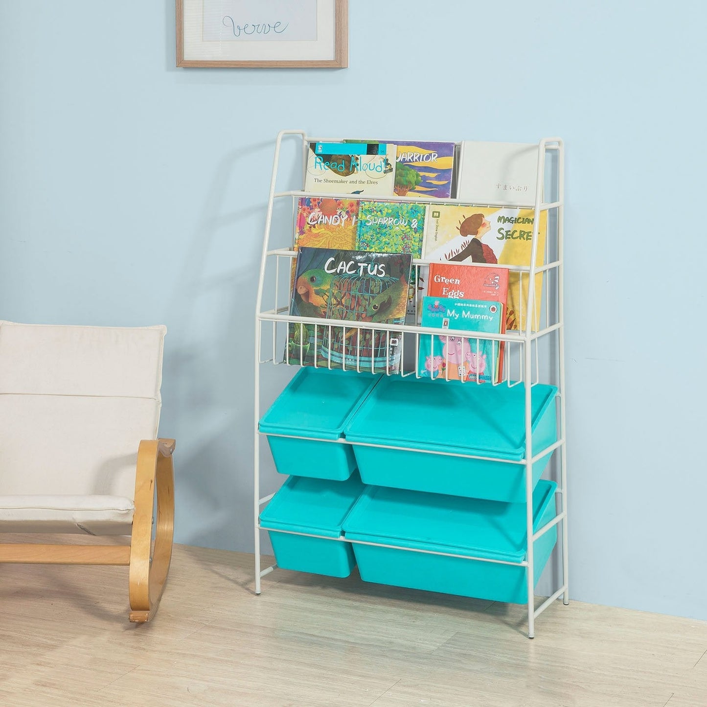 SoBuy Aufbewahrungsregal für Kinder - mit Bücherregal - Max. 50 kg - 61 x 25 x 102 cm - Blau / Weiß