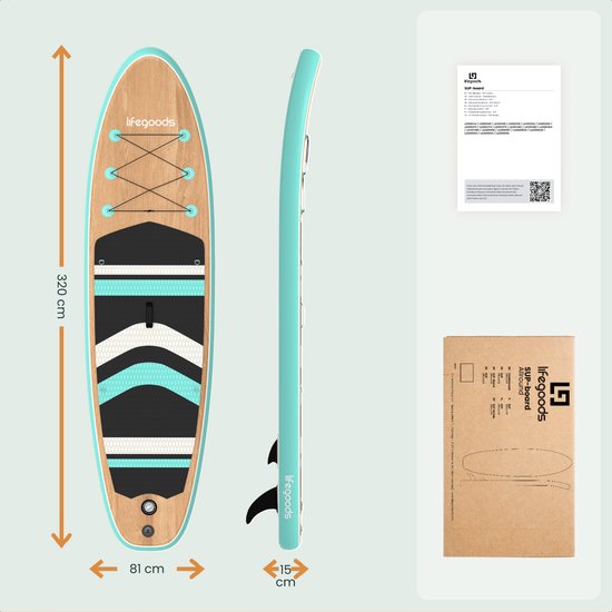 LifeGoods PaddlePro SUP Board - mit Sitz - Aufblasbares Paddle Board - Komplettset - Max. 150KG - 320x81cm - Holz/Mintgrün