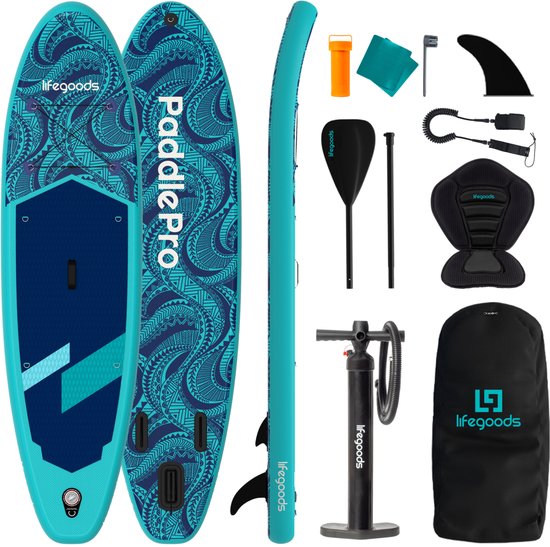 LifeGoods SUP Board All-round Compact - mit Sitz - 100 KG Tragfähigkeit - 300 x 76 cm - Aufblasbar - Komplettes SUP Paket - Blau
