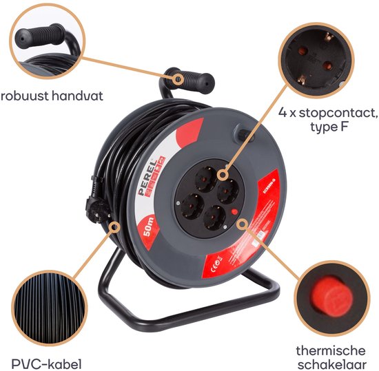 Perel Kabeltrommel, Innenbereich, 4 Steckdosen mit Schutzleiter, thermischer Schutz, Kabellänge 50 m, 3G1,5, grau