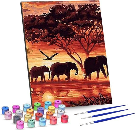 RubyeÂ® Malen nach Zahlen Erwachsene - Elefantenfamilie - inklusive Pinsel - Leinwand Malen nach Zahlen - 40x50cm