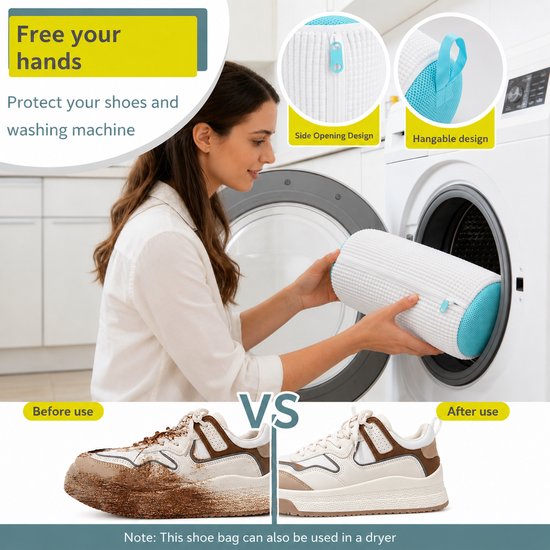BOTC Schuhwaschbeutel-Set – 2 Stück – Wiederverwendbarer Schuhwaschbeutel – 360°-Tiefenreinigung mit Mikrofaser – Schützender Schuhwaschbeutel für Waschmaschine und Trockner – Weiß und Blau