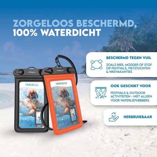 Travelly ® - Wasserdichte Handytasche 2er Set - Universelle Unterwassertasche für Smartphone - Geeignet für alle Handys - Drybag - Für Urlaub, Schwimmen & Wassersport - Schwarz/Orange