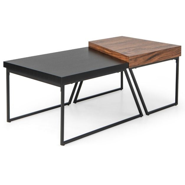 2er-Set Couchtische Modern Schwarz und Braun Stapelbarer Beistelltisch mit pulverbeschichteten Metallbeinen Trapezförmiger Ablagetisch