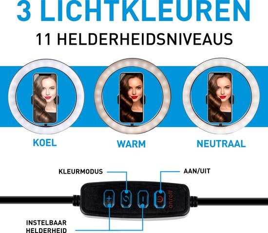 Grundig Selfie Ringlampe auf Stativ - Ringlicht - für Smartphone - Social Media und Vlogs - LED - Flexibel - 25 cm