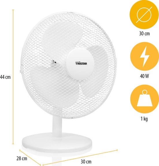 Tristar Tischventilator 30 cm – 3 Geschwindigkeitsstufen – 85° Schwenkbereich – Einstellbarer Luftstrom – VE-5724 – Weiß