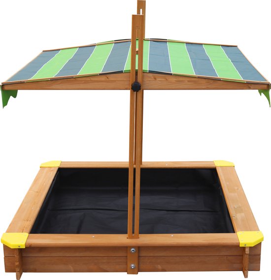 AXI Lily Holzsandkasten mit verstellbarem Dach in Braun/Grün – Mit Sitzbänken, Bodenplane und Schutzhülle – FSC-zertifiziertes Holz – 118 x 118 cm