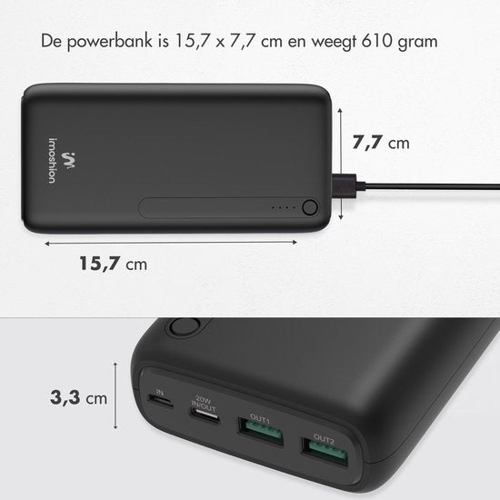 iMoshion® Powerbank 27000 mAh - Schnelles Ladegerät & Batterieanzeige - Geeignet für iPhone & Samsung, u.a. - 18 Watt - USB A, USB C & Micro USB - Schwarz