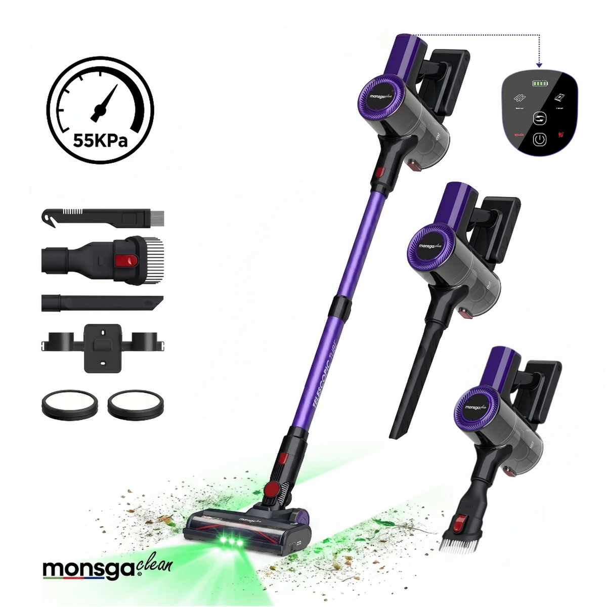 Monsga M100 Akku-Stabstaubsauger 55.000 Pa – 45 Min. Betriebsdauer – 1,8 l Staubbehälter – LED-Touchdisplay – Anti-Verfilzungsbürste – Grünes LED-Licht