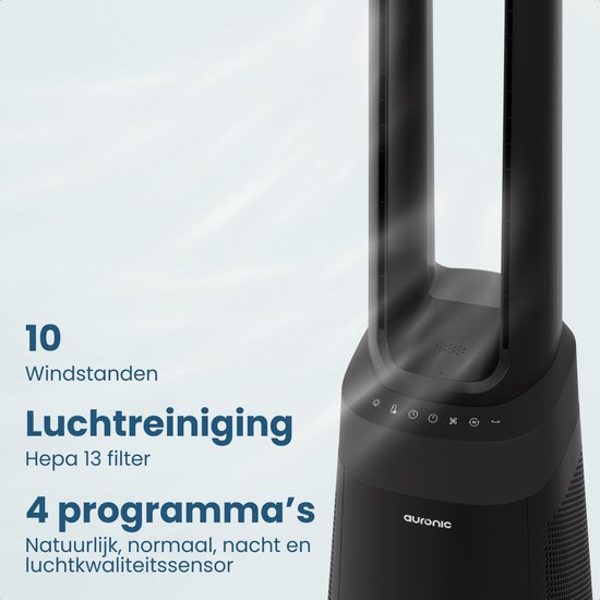 Auronic Turmventilator – blattloses 2-in-1-Modell – Luftreiniger mit HEPA-Filter – Ventilator – 10 Stufen – Fernbedienung – 105 cm – Schwarz