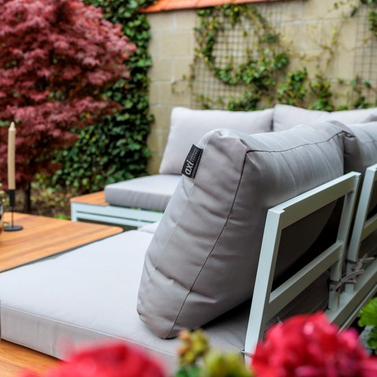 AXI Eos Lounge-Set mit Liege, weiß mit Holzoptik, PSPC – Eckgarnitur mit Tisch – Pulverbeschichtetes Aluminiumgestell – Integrierte Liege – Tischplatte aus PSPC