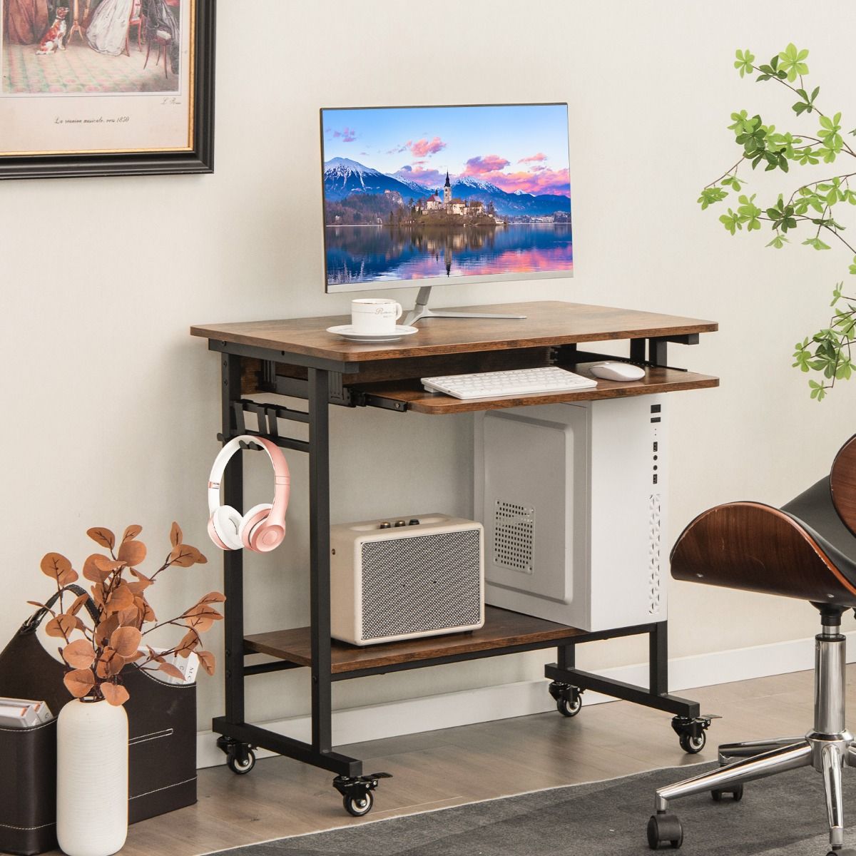 Coast Mobiler Computertisch – ausziehbare Tastaturablage – Ablagefach und Haken – rustikales Braun 80 x 50 x 78 cm