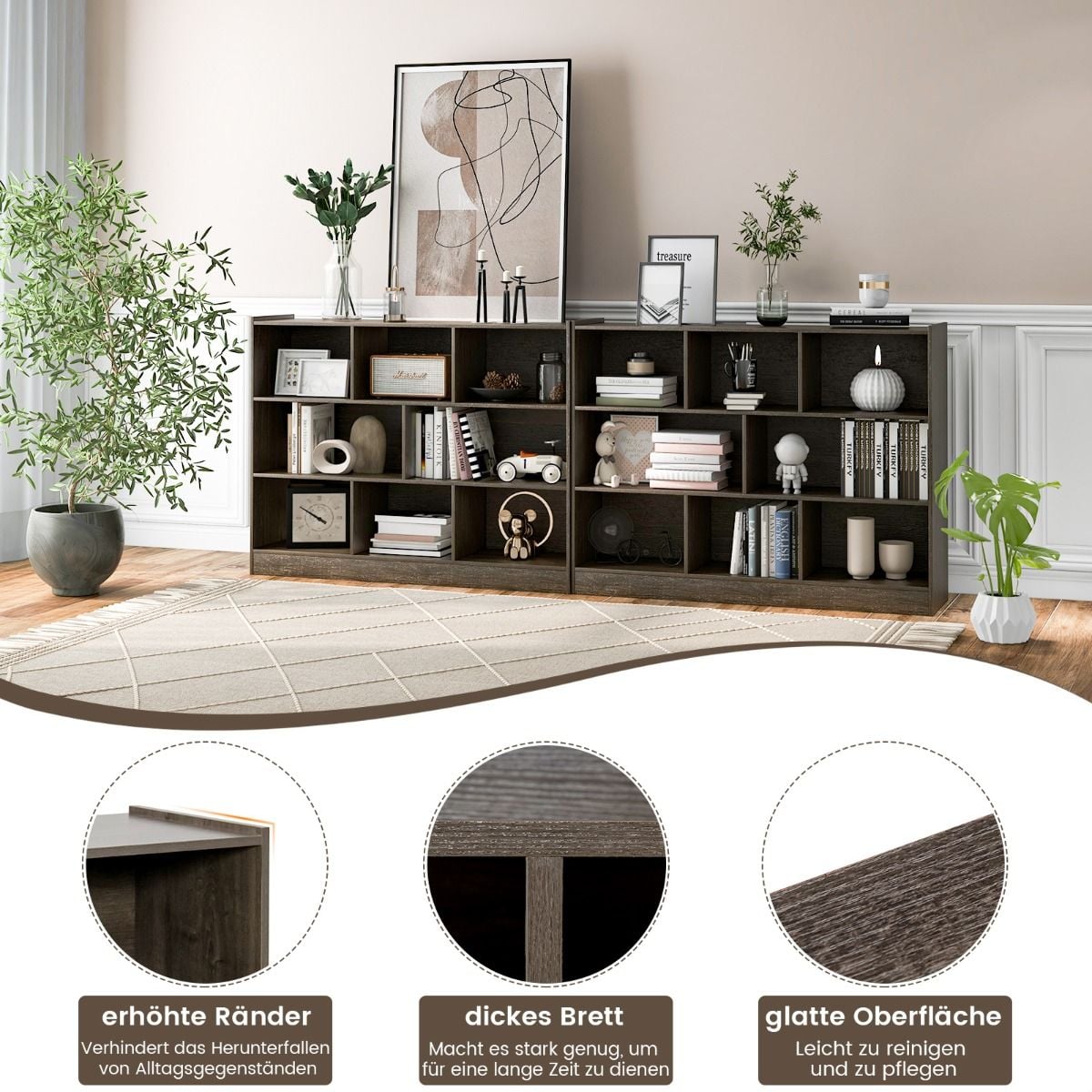 Coast Bücherregal Grau - Offenes 3-Schicht-Regal mit 8 Fächern - 122 x 32 x 93 cm
