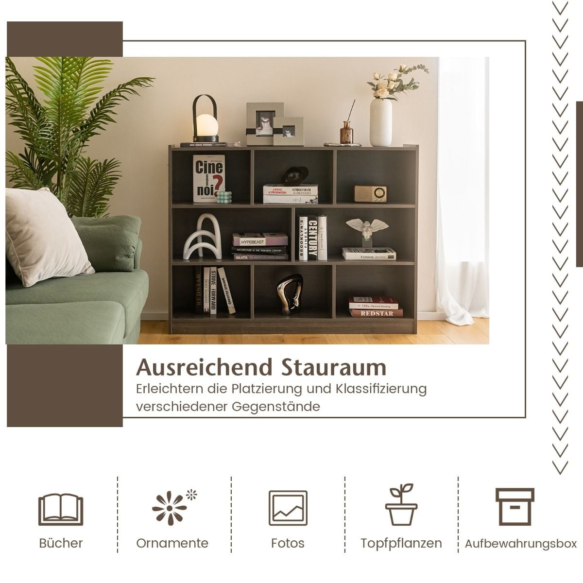 Coast Bücherregal Grau - Offenes 3-Schicht-Regal mit 8 Fächern - 122 x 32 x 93 cm