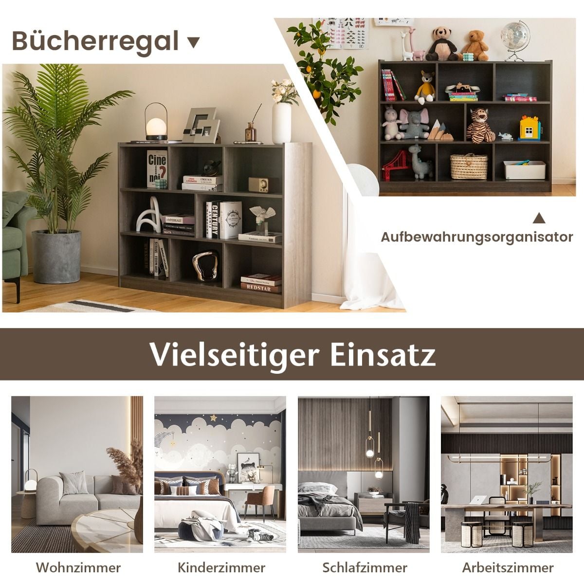 Coast Bücherregal Grau - Offenes 3-Schicht-Regal mit 8 Fächern - 122 x 32 x 93 cm