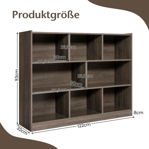 Coast Bücherregal Grau - Offenes 3-Schicht-Regal mit 8 Fächern - 122 x 32 x 93 cm