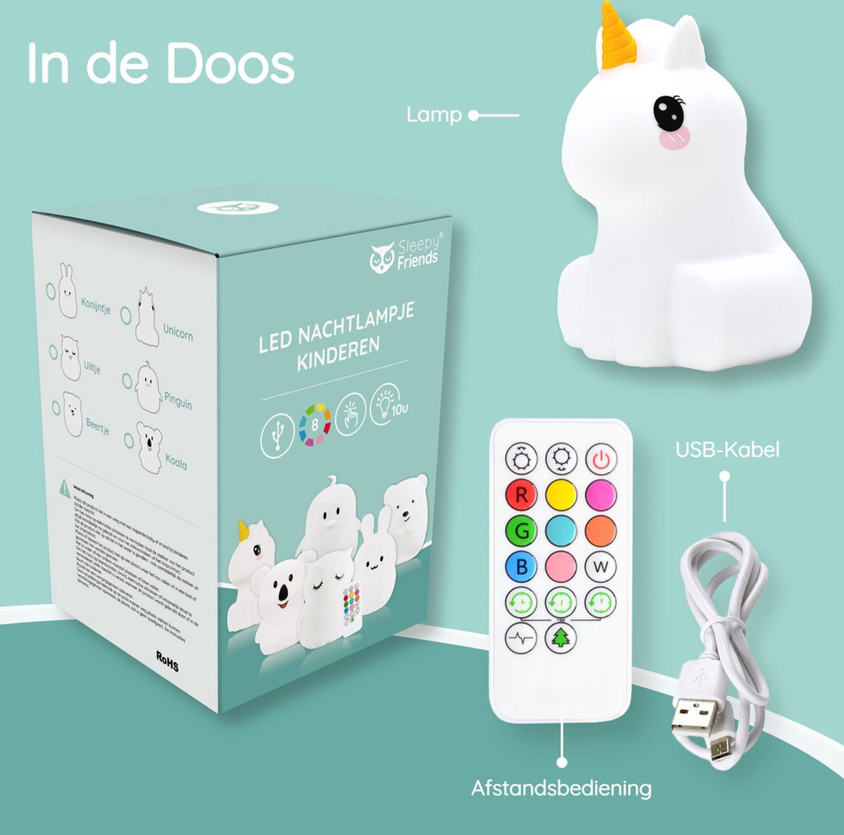 Sleepy Friends Kinder-Nachtlicht Einhorn - 95x97x100 mm - 8 Farben - USB aufladbar - dimmbar - Nachtlicht für Baby und Kind