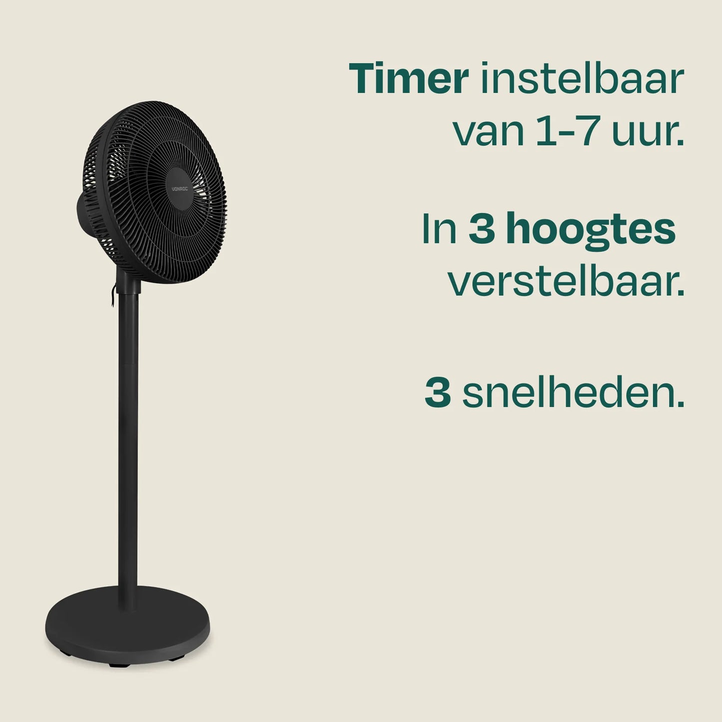 VONROC Standventilator mit Fernbedienung – in 3 Höhen verstellbar, mit 7 Ventilatorflügeln und Timer – für Schlafzimmer und Wohnzimmer – schwarzer Kunststoff – 110 cm