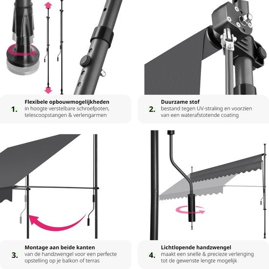 Tectake - Klemmmarkise - 404970 - Verstellbar - 400 x 180 cm - schwarz grau