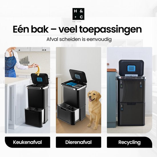 Hom&Com Mülleimer mit 3 Fächern, 60 l, schwarz – Automatischer Mülleimer mit Sensor – Soft-Close-Deckel, Ozonfunktion und Geruchsfilter für die Mülltrennung