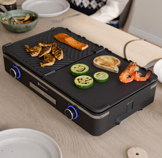 KitchenBrothers Elektrische Grillplatte KB4204 - 2400W - 2 Zonen - Gerippt & Flach - Schwarz - 50x30 cm
