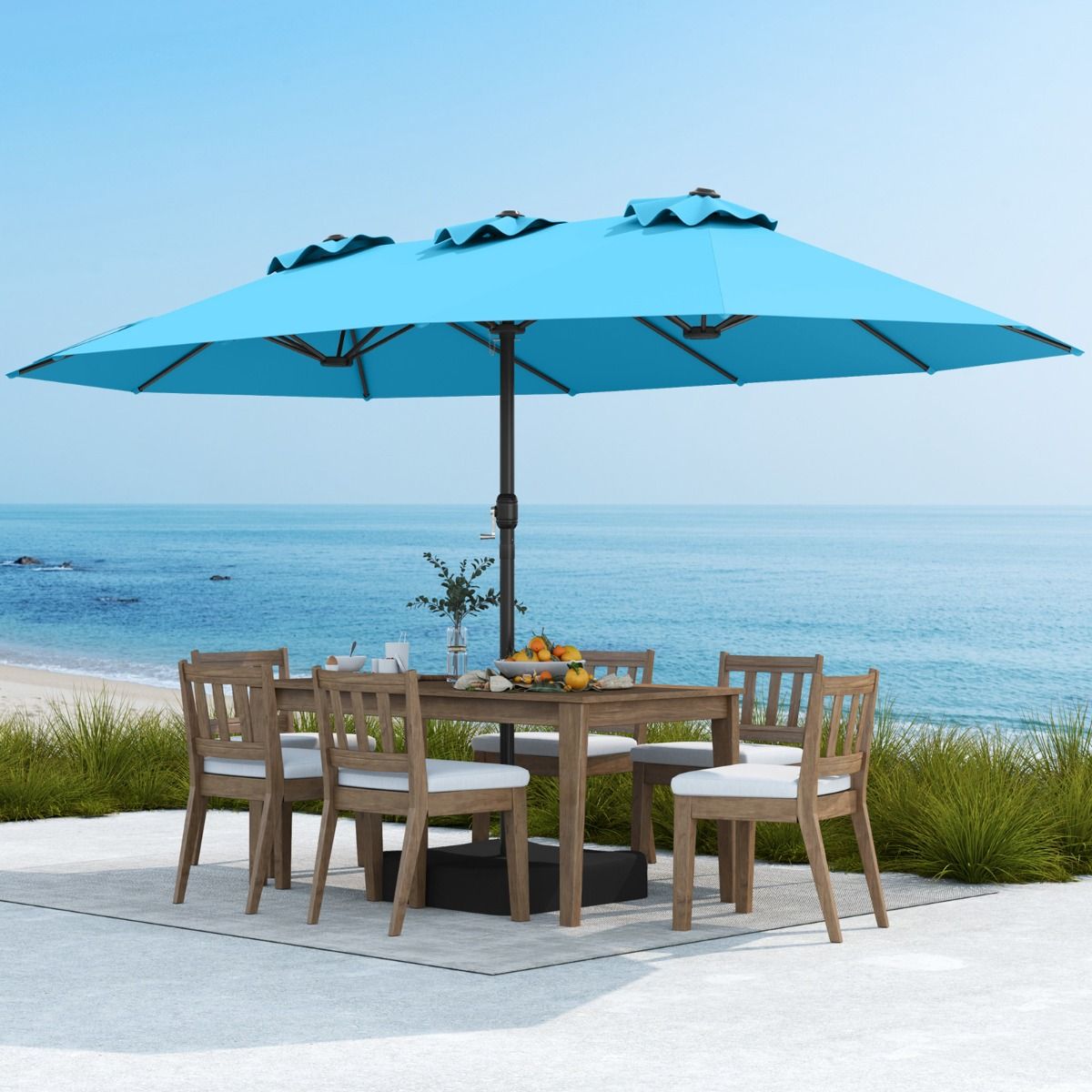Coast Doppel-Terrassenschirm 470 x 285 x 261 cm – Türkis – Beschwerter Fuß mit Kurbel – 12 stabile Streben – Rechteckiger Garten- und Terrassenschirm