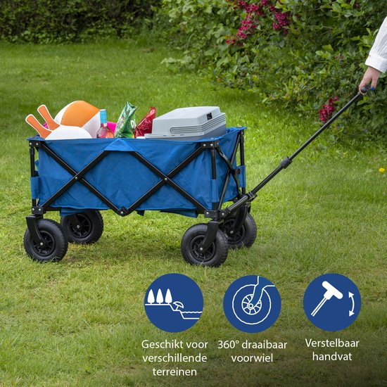 Zusammenklappbarer Bolderkar – Bolderkarren mit Luftreifen – 43 x 21 x 80 cm – Belastbar bis 70 kg – Besonders stabiler Ziehharmonika-Rahmen – Inklusive Bodenplatte und Aufbewahrungstasche – Zugwagen, Transportwagen und Strandwagen für Camping, Garten, Fe