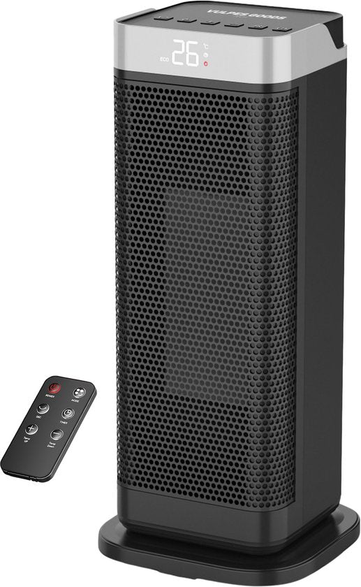 Vulpes Goods® Tech - Elektroherd - Heizlüfter - Keramischer Herd - 4 Stufen - 2000W - Timer, Fernbedienung & Thermostat - Heizung - Elektroheizung für Innenräume - Schwarz