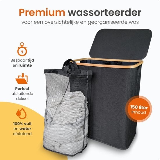 Goliving Wäschesortierer 3 Boxen - 150L - Faltbarer Wäschekorb mit Deckel - 3 herausnehmbare Taschen mit farbigen Etiketten - 57 x 37 x 66 cm - Schwarz