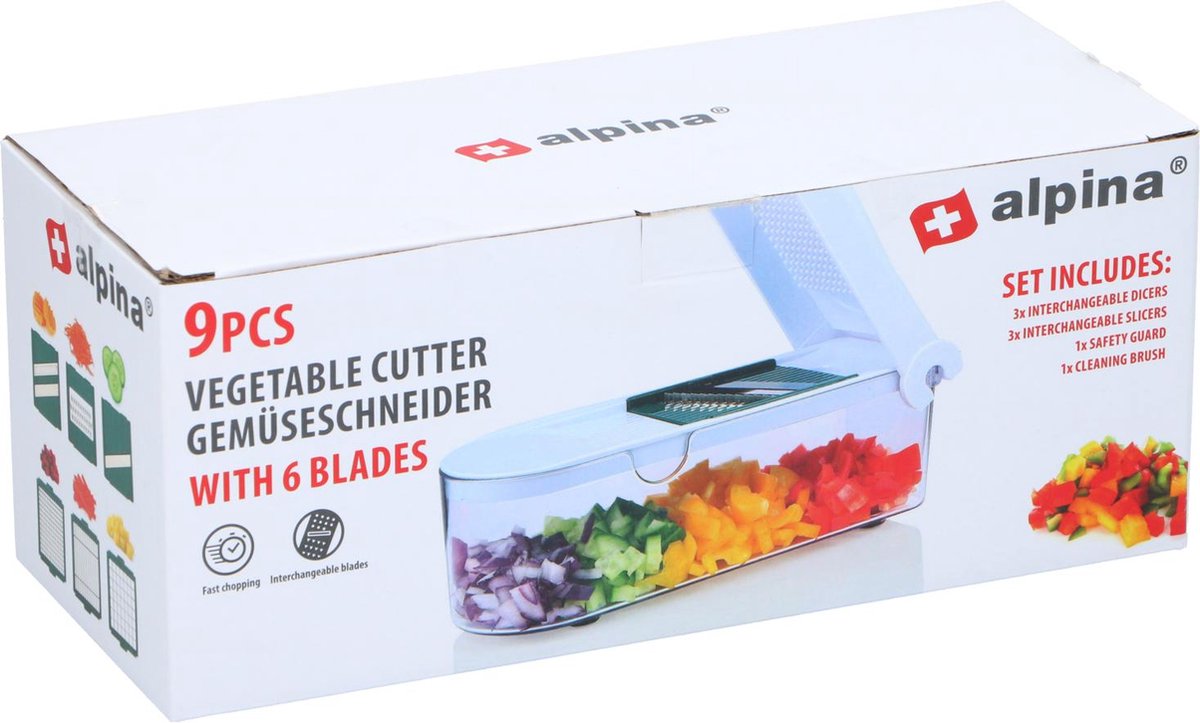 alpina Mandoline Gemüseschneider 9-teilig - Manueller Küchenschneider mit 6 Klingen - Weiß/Transparent - 30 x 12 x 8 cm
