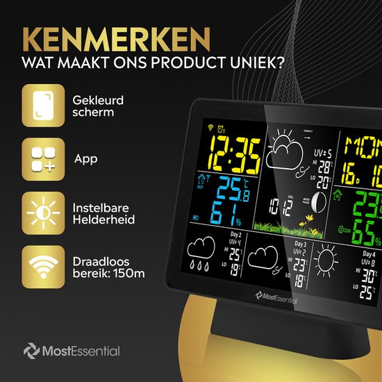 MostEssential Wetterstation Wifi Edition - Drahtlose Wetterstation mit Außensensor - Hygrometer - Innen und Außen - 150 Meter Reichweite - Inklusive App - Schwarz - 2 Sensoren
